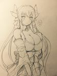  bare_shoulders bow breasts cleavage detached_sleeves fate/grand_order fate_(series) graphite_(medium) highres horns kiyohime_(fate/grand_order) large_breasts long_hair monochrome naoyama_masaru sketch solo traditional_media 