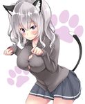  animal_ears blue_skirt blush breasts cardigan cat_ears cat_tail closed_mouth collarbone eyebrows_visible_through_hair grey_sweater kantai_collection kashima_(kantai_collection) large_breasts leaning_forward long_hair long_sleeves looking_at_viewer paw_print pleated_skirt purple_eyes silver_hair simple_background skirt solo striped striped_skirt sweater tail twintails white_background yukino_(yukinosora1126) 