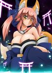  1girl absurdres animal_ears blue_bow blush bow breasts cleavage closed_mouth detached_collar detached_sleeves eyebrows_visible_through_hair fate/extra fate_(series) fox_ears fox_tail giantess hair_between_eyes hair_bow hair_ribbon highres huge_breasts japanese_clothes kishinami_hakuno_(male) large_bow long_hair looking_at_another looking_down moralgear pink_hair ribbon sidelocks sitting skindentation smile solo_focus tail tamamo_(fate)_(all) tamamo_no_mae_(fate) torii twintails yellow_eyes yokozuwari 