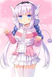  blue_eyes blush dragon_girl dragon_horns frilled_skirt frills hairband highres hopepe horns kanna_kamui kobayashi-san_chi_no_maidragon lavender_hair long_hair looking_at_viewer pink_background skirt solo tail thighhighs twintails white_skirt zettai_ryouiki 