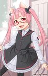  animal_ears artist_name black_legwear cat_ears cat_tail commentary_request dress eyebrows fang glasses ha-ru hair_ornament hair_ribbon long_hair multicolored_hair open_mouth original pantyhose pink_hair red_eyes ribbon smile solo tail twintails twitter_username 