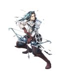  arrow blue_hair boots bow_(weapon) brown_eyes drawing_bow fire_emblem fire_emblem:_kakusei fire_emblem_heroes full_body gloves highres holding holding_arrow holding_bow_(weapon) holding_weapon long_hair male_focus official_art quiver solo teeth torn_clothes transparent_background viole_(fire_emblem) wada_sachiko weapon 