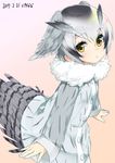  black_hair buttons commentary_request cowboy_shot dated dress fur_collar gradient gradient_background gradient_hair grey_dress head_wings kemono_friends long_sleeves mokyutan multicolored_hair northern_white-faced_owl_(kemono_friends) pantyhose short_hair solo tail_feathers white_hair white_legwear yellow_eyes 