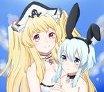  2girls animal_ears anne_bonny_(fate/grand_order) bare_shoulders bikini blonde_hair blue_eyes blush breasts bunny_ears choker cleavage fate/grand_order fate_(series) hat looking_at_viewer mary_read_(fate/grand_order) multiple_girls red_eyes short_hair silver_hair smile twintails 
