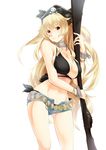  1girl anne_bonny_(fate/grand_order) bare_shoulders bikini blonde_hair breasts cleavage fate/grand_order fate_(series) gun hat large_breasts looking_at_viewer mound_of_venus navel red_eyes rifle short_shorts shorts smile solo standing very_long_hair weapon 