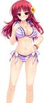  ass_visible_through_thighs bikini blush bracelet breasts flower frilled_bikini frills hair_flower hair_ornament hair_ribbon halter_top halterneck hand_on_hip highres jewelry large_breasts navel official_art pink_eyes pink_hair prism_recollection! renjou_sayaka ribbon shintarou smile solo striped striped_bikini swimsuit transparent_background 