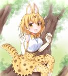  animal_ears animal_print bare_shoulders blonde_hair blush bow bowtie breasts elbow_gloves extra_ears faubynet gloves highres in_tree kemono_friends looking_at_viewer md5_mismatch medium_breasts open_mouth serval_(kemono_friends) serval_ears serval_print serval_tail shirt short_hair sitting sitting_in_tree skirt sleeveless sleeveless_shirt solo tail thighhighs tree white_shirt yellow_eyes 