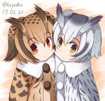  artist_name brown_eyes brown_hair buttons cheek-to-cheek commentary_request dated eurasian_eagle_owl_(kemono_friends) eyebrows_visible_through_hair fur_collar fur_trim hanzaki_hiya head_wings jacket kemono_friends looking_at_viewer multicolored_hair multiple_girls northern_white-faced_owl_(kemono_friends) short_hair symmetrical_pose twitter_username upper_body white_hair wings yellow_eyes 