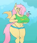  anthro anthrofied bat_pony big_breasts breasts clothing equine fangs female fluttershy_(mlp) friendship_is_magic fur hair mammal membranous_wings my_little_pony open_mouth pink_hair shirt shorts solo somescrub wide_hips wings yellow_fur 