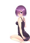  absurdres bad_id bad_pixiv_id blush breasts fate/grand_order fate_(series) highres looking_at_viewer looking_back mash_kyrielight medium_breasts purple_eyes purple_hair school_swimsuit short_hair sitting smile solo swimsuit wariza white_background yoro_kurenai 
