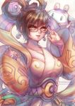  animal_ears artist_name brown_hair bunny_ears chang&#039;e_mei china_dress chinese_clothes dress earrings glasses hair_ornament hairpin highres jewelry mei_(overwatch) moon overwatch snowball_(overwatch) tagme xelalanana 
