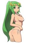  ass bare_shoulders bikini breasts circlet closed_mouth cropped_legs eyebrows_visible_through_hair fukurou_(owl222) green_eyes green_hair highres kid_icarus kid_icarus_uprising large_breasts long_hair looking_at_viewer looking_back micro_bikini palutena ponytail side-tie_bikini simple_background smile solo swimsuit very_long_hair white_background white_bikini 