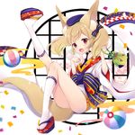  :d animal_ears ass ball bangs beachball blonde_hair commentary_request confetti fang flower fox_ears fox_tail full_body geta hair_ribbon hat holding japanese_clothes knee_up kneehighs leg_up open_mouth original red_eyes ribbon smile solo tail tougetsu_hajime twintails white_background white_legwear wide_sleeves 