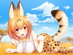  animal_ears animal_print bangs blonde_hair blue_sky blush breast_pocket breasts brown_dress brown_gloves cloud cloudy_sky commentary_request day dress elbow_gloves eyebrows_visible_through_hair frills gloves grass hair_between_eyes kemono_friends looking_at_viewer lying medium_breasts on_stomach open_mouth outdoors paw_pose pocket savannah serval_(kemono_friends) serval_ears serval_print serval_tail short_dress sky smile solo sukemyon tail teeth thighhighs white_gloves yellow_eyes 