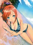  1girl aqua beach bikini breasts eyes orange_hair shiny_skin smile solo striped_bikini swimsuit tagme tanline 
