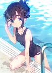  black_hair blue_eyes breasts covered_navel folded_ponytail long_hair looking_at_viewer moe2017 one-piece_swimsuit original oswald_musashi pool pool_ladder poolside school_swimsuit small_breasts solo swimsuit water wet 