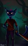  anthro baseball_bat black_fur cat dyed_fur feline female forest fur hand_on_hip mae_(nitw) mammal marcushunter night night_in_the_woods outside red_eyes red_fur solo tree 