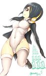  bird black_footwear black_gloves black_hair boots breasts cape covered_navel emperor_penguin_(kemono_friends) eyebrows_visible_through_hair franz_(217franz) gloves hair_over_one_eye head_tilt headphones highres hood hoodie kemono_friends large_breasts leotard parted_lips penguin red_eyes simple_background solo teeth thighhighs twitter_username white_background white_legwear 