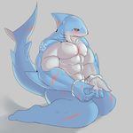  2017 blush fish handcuffs looking_at_viewer male manyu1085 marine muscular muscular_male nude scar shackles shark simple_background solo 