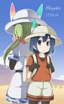  artist_name back-to-back backpack bag black_legwear blue_hair commentary dated feathers gloves green_hair hair_ribbon hanzaki_hiya hat hat_feather height_difference helmet highres kaban_(kemono_friends) kemono_friends light_green_hair mirai_(kemono_friends) multiple_girls pantyhose pantyhose_under_shorts pith_helmet ribbon shirt short_hair shorts twintails twitter_username 