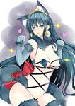  1girl animal_ears bare_shoulders blue_hair breasts cleavage cleopatra_(fate/grand_order) dangerous_beast earrings elbow_gloves fang fate/grand_order fate_(series) fur gloves green_eyes hairband heart navel open_mouth panties ribbon sparkle tail underboob very_long_hair 
