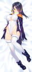  ankle_boots arms_at_sides ass_visible_through_thighs bed_sheet black_footwear black_gloves black_hair boots breasts closed_mouth covered_navel covered_nipples dakimakura dress emperor_penguin_(kemono_friends) full_body gloves groin hair_over_one_eye headphones highleg highleg_leotard hood hood_down hoodie kemono_friends large_breasts leotard long_hair looking_at_viewer lying mckeee multicolored_hair on_back on_bed open_clothes open_hoodie orange_hair purple_eyes ribbed_dress ribbed_leotard skin_tight solo streaked_hair thigh_gap thighhighs turtleneck two-tone_hair underboob underboob_cutout white_legwear white_leotard yellow_eyes 