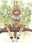  absurdres animal_ears bare_shoulders blonde_hair blush bow bowtie commentary_request elbow_gloves gloves haru_(renol) highres in_tree kemono_friends looking_at_viewer open_mouth serval_(kemono_friends) serval_ears serval_print serval_tail shoes short_hair sitting sitting_in_tree skirt sleeveless smile solo tail thighhighs tree yellow_eyes 