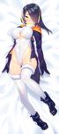  1girl ankle_boots arms_at_sides bed_sheet black_boots black_gloves black_hair boots breasts cleavage cleavage_cutout closed_mouth covered_navel dress emperor_penguin_(kemono_friends) erect_nipples full_body gloves gluteal_fold groin hair_over_one_eye headphones highleg highleg_leotard hood hood_down hoodie kemono_friends large_breasts leotard long_hair looking_at_viewer lying mckeee multicolored_hair on_back on_bed open_clothes open_hoodie orange_hair purple_eyes ribbed_dress ribbed_leotard skin_tight solo streaked_hair thigh_gap thighhighs turtleneck two-tone_hair underboob underboob_cutout waifu2x white_legwear white_leotard yellow_eyes 