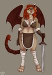  anthro breasts clothed clothing dbd fangs female manticore melee_weapon scar solo standing sword teeth weapon wide_hips wings 