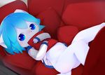  anthro aoino blue_eyes blue_hair blush bottomless butt canine clothed clothing cub dog fur hair holding_object looking_at_viewer lying male mammal navel on_back pillow sofa solo white_fur young 