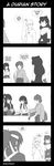  4girls 4koma akagi_(kantai_collection) blake_belladonna bow comic commentary crossover durian eating english flat_chest food fruit greyscale headband highres hiryuu_(kantai_collection) kantai_collection long_hair monochrome multiple_girls rukotaro rwby short_hair side_ponytail table weiss_schnee 