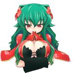  blush breasts cleavage flower gen_1_pokemon green_hair hair_flower hair_ornament homura_subaru huge_breasts mouth_hold naughty_face personification pokemon red_eyes solo venusaur 