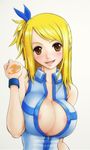  areola_slip areolae bare_shoulders blonde_hair blush breasts brown_eyes center_opening cleavage fairy_tail huge_breasts lucy_heartfilia no_bra rudo smile solo tattoo unzipped wristband zipper 