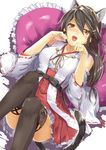  animal_ears bare_shoulders black_hair black_legwear brown_eyes cat_day cat_ears cat_tail clenched_hands commentary detached_sleeves fang frilled_pillow frills hair_between_eyes hair_ornament hairpin haruna_(kantai_collection) heart heart_pillow japanese_clothes kantai_collection kyougoku_touya long_hair nontraditional_miko open_mouth paw_pose pillow red_skirt ribbon-trimmed_sleeves ribbon_trim skirt solo tail thighhighs 