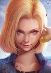  android_18 black_shirt blonde_hair blue_eyes blue_jacket blurry closed_mouth collarbone depth_of_field dragon_ball dragon_ball_z earrings hand_up injury jacket jewelry lens_flare light_particles looking_at_viewer magion02 open_clothes open_jacket portrait realistic red_lips shirt short_hair signature smile solo thick_eyebrows upper_body wing_collar 