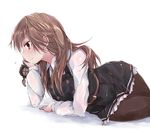  arashio_(kantai_collection) arm_support belt belt_buckle blush brown_hair brown_legwear buckle chin_rest closed_mouth collared_shirt crime_prevention_buzzer double-breasted dress frilled_dress frills holding kantai_collection long_hair long_sleeves lying on_side pantyhose pinafore_dress profile red_eyes remodel_(kantai_collection) searchlight shiny shiny_hair shirt simple_background smile solo white_background white_shirt wing_collar yumesato_makura 