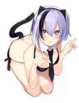  animal_ears black_bra black_panties blush bra cat_ears cat_tail detached_collar fake_animal_ears fake_tail hair_between_eyes highres kneeling lavender_eyes lavender_hair looking_at_viewer multicolored_hair necktie open_mouth original panties short_hair solo tail tsunekichi two-tone_hair underwear underwear_only 