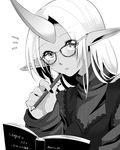  black_nails book glasses greyscale horn league_of_legends looking_at_viewer monochrome nail_polish otani_(kota12ro08) pencil pointy_ears ribbed_sweater solo soraka sweater twitter_username upper_body 