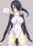  arms_at_sides ass_visible_through_thighs black_gloves black_hair black_jacket breasts brown_eyes brown_hair clitoris covered_navel covered_nipples cowboy_shot drawstring emperor_penguin_(kemono_friends) erect_clitoris eyelashes gloves groin hair_over_one_eye headphones highleg highleg_leotard highres hood hood_down hooded_jacket jacket japari_symbol kanata_(kanata_onion) kemono_friends large_breasts leotard long_hair looking_at_viewer open_clothes open_jacket orange_hair simple_background skin_tight skindentation solo thighhighs triangle_mouth turtleneck very_long_hair white_legwear white_leotard 