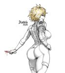  armor artist_name ass back bangs blonde_hair blood bloody_weapon bodysuit breasts character_name cowboy_shot dimaria_yesta dripping eyebrows_visible_through_hair eyelashes fairy_tail from_behind gloves grin hand_on_hip highres holding holding_knife holding_weapon knife looking_at_viewer looking_back medium_breasts pale_skin pauldrons profile red_eyes revision short_hair simple_background skin_tight smile solo strap_gap the_golden_smurf thighs weapon white_background white_bodysuit white_gloves 