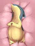  2017 belly blush breath eyes_closed fangs female feral fur grey_fur lying minami_juuji navel nintendo nude on_back open_mouth pok&eacute;mon pussy_juice quilava solo tongue video_games yellow_fur 