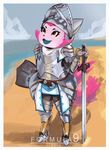  2017 anthro armor beach clothing cloud fangs fantasy female formula9 fox fur helmet humanoid knight melee_weapon multi_tail open_mouth pink_fur sand seaside shield short_stack smile solo sword telemonster tuft weapon yossi 