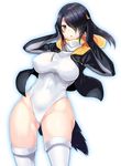  ass_visible_through_thighs black_hair breasts brown_eyes covered_navel emperor_penguin_(kemono_friends) hair_over_one_eye highres hood hooded_jacket jacket kemono_friends large_breasts leotard looking_at_viewer sakuma_tsukasa solo tail thighhighs white_legwear 