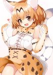  :d animal_ears bare_shoulders blonde_hair blush bow bowtie breasts commentary_request elbow_gloves extra_ears gloves hidaka0503 highres kemono_friends large_breasts looking_at_viewer open_mouth serval_(kemono_friends) serval_ears serval_print serval_tail shirt short_hair skirt sleeveless sleeveless_shirt smile solo tail white_shirt yellow_eyes 