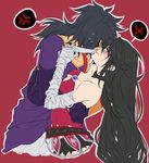  1girl anger_vein bandaged_arm bandages black_choker black_hair braid breasts choker facial_tattoo hetero imminent_kiss long_hair medium_breasts rokurou_rangetsu single_braid skirt spoken_anger_vein spoken_x tales_of_(series) tales_of_berseria tattoo tusia upper_body velvet_crowe yellow_eyes 