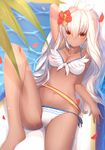 air_mattress arm_up bare_arms bare_shoulders barefoot bikini blonde_hair blue_ribbon breasts cleavage closed_mouth collarbone dark_skin eyebrows_visible_through_hair flower front-tie_bikini front-tie_top granblue_fantasy hair_flower hair_ornament hibiscus highres leg_up long_hair lying medium_breasts navel on_back petals red_eyes ribbon rose_petals side-tie_bikini smile solo stomach swimsuit tatapopo very_long_hair water_drop white_bikini white_ribbon zooey_(granblue_fantasy) 