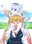  bangs barefoot beads blonde_hair blue_eyes blunt_bangs blush breasts bug butterfly capelet carrying closed_eyes dragon_girl dragon_horns dragon_tail dress eyebrows_visible_through_hair feet gloves hair_beads hair_ornament hairband highres horn_grab horns insect kanna_kamui kobayashi-san_chi_no_maidragon large_breasts lavender_hair long_hair maid maid_headdress md5_mismatch multiple_girls necktie open_mouth pain shoulder_carry songchuan_li tail thighhighs toeless_legwear tooru_(maidragon) twintails white_gloves white_legwear 