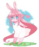  anthro blue_eyes blush clothed clothing cute female fur grass hair happy lagomorph mammal pink_fur pink_hair rabbit smile solo wide_eyed young 