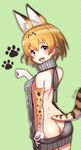  :d animal_ears arm_at_side ass back backless_dress backless_outfit bangs bare_back bare_shoulders blonde_hair blush breasts cowboy_shot drawstring dress extra_ears eyebrows_visible_through_hair from_behind gloves gradient_eyes grey_sweater hair_between_eyes halterneck hand_up highres kemono_friends legs_together looking_at_viewer looking_back meme_attire multicolored multicolored_eyes naked_sweater no_bra no_panties open_mouth paw_pose paw_print polka_dot polka_dot_background purple_eyes ribbed_sweater serval_(kemono_friends) serval_ears serval_print serval_tail short_hair sleeveless sleeveless_turtleneck small_breasts smile solo sweater sweater_dress tail turtleneck turtleneck_sweater twitter_username virgin_killer_sweater yasuda_takashi yellow_eyes 