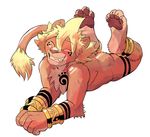  anthro blonde_hair blush butt eyes_closed feline franko fur grin hair jewelry legs_up lion lying male mammal negger nude on_front pawpads plantigrade raised_tail smile solo tail_tuft tasteful_nudity tribal tuft 